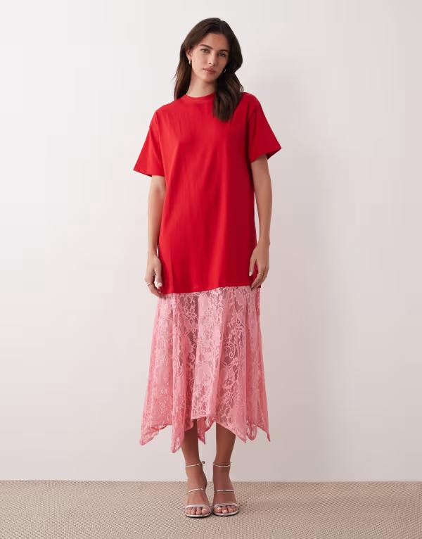 ネバーフリードレスド レディース トップス ワンピース Tシャツ スカート レース ジャージー マキシ Never Fully Dressed oversized jersey T-shirt lace skirt maxi dress and Red & Pink レッド
