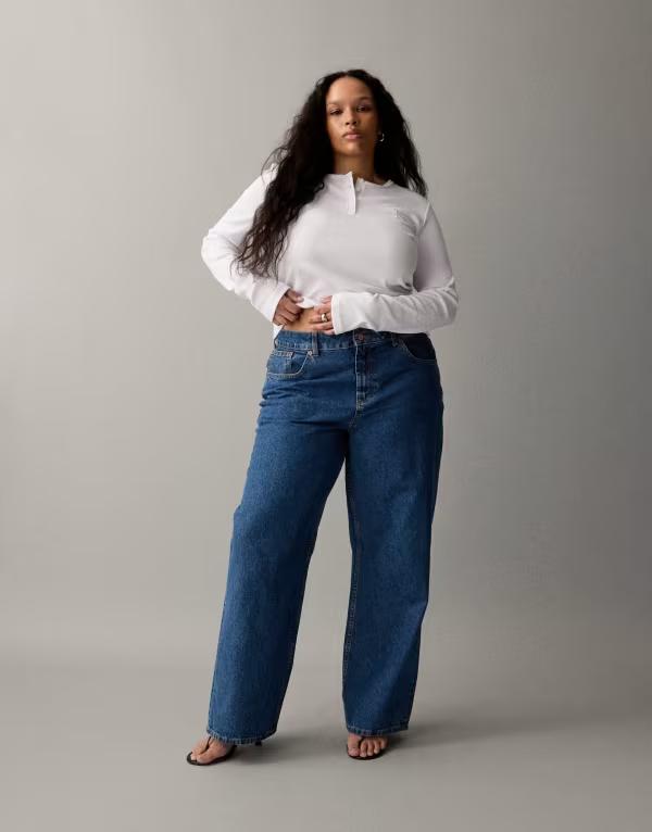 エイソス レディース ボトムス デニムパンツ ワイドレッグ ジーンズ ASOS Curve ASOS DESIGN Circular Design Collection Curve wide leg dad jeans in clean MID BLUE ブルー