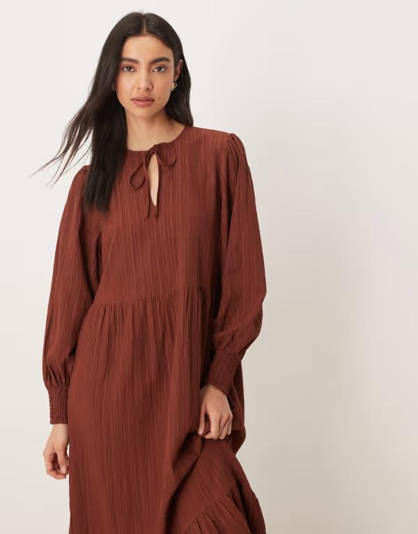 ウェンズデーガール レディース トップス ワンピース タイディテール Wednesday's Girl textured tie detail smock dress BROWN ブラウン