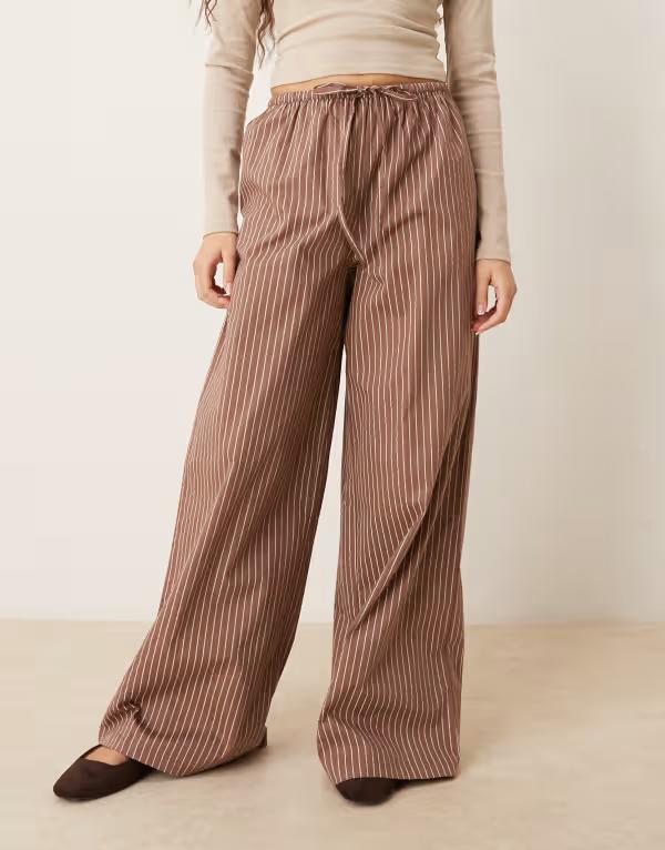 ウェンズデーガール レディース ボトムス 心地好いズボン下 ワイドレッグ Wednesday\u0027s Girl wide leg pinstripe pantstripe BROWN 赤銅色