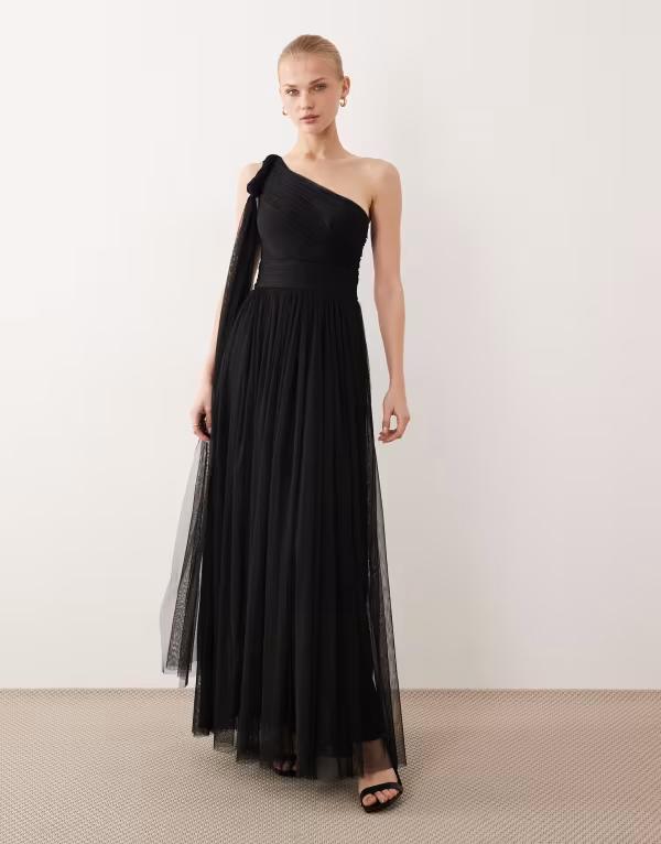 レース アンド ビーズ レディース トップス ワンピース マキシ Lace & Beads Bridesmaid one shoulder scarf neck maxi dress Black ブラック