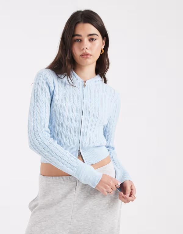 コットンオン レディース アウター パーカー・スウェット ニット Cotton everfine cable knit double zip up hoodie in seaside BLUE ブルー