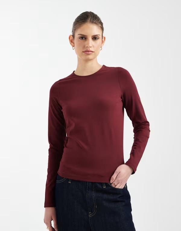 エイソス レディース トップス Tシャツ クルーネック コットン ASOS DESIGN cotton spandex long sleeve crew neck tee Burgundy バーガンディ