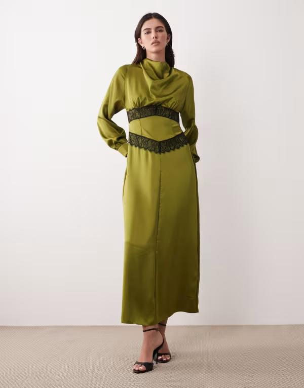 エイソス レディース トップス ワンピース ハイネック サテン レース マキシ ASOS DESIGN satin high neck lace detail maxi dress in olive オリーブ