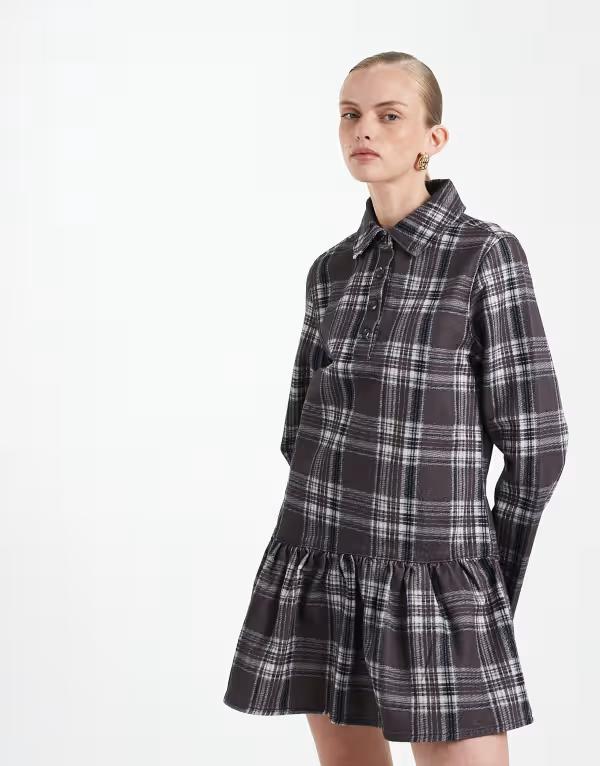 エイソス レディース トップス 衣装 刷り上げる ミニ ジーンズ ASOS DESIGN denim dropwaist mini dress インチ plaid print Multi check マルチ色つや
