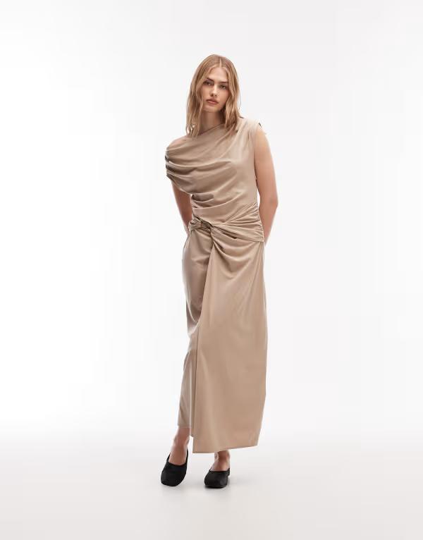 アンドアザーストーリーズ レディース トップス ワンピース ドレープ ミディ ジャージー & Other Stories draped jersey midi dress with boat neck and buckle detail in mink ミンク