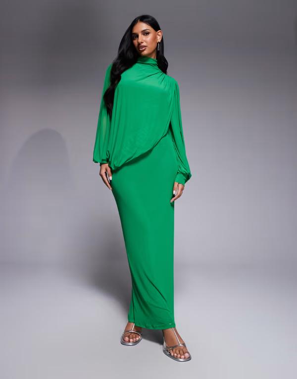 エイソス レディース トップス ワンピース ハイネック ドレープ メッシュ マキシ ASOS DESIGN modesty mesh wrap over draped blouson sleeves high neck maxi dress Green グリーン