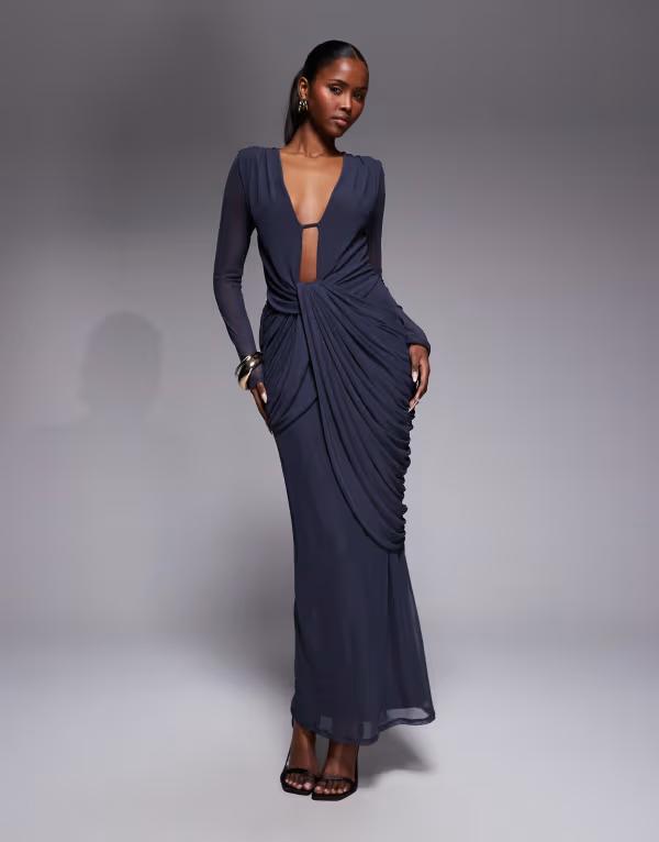 エイソス レディース トップス ワンピース メッシュ ミディ ASOS DESIGN mesh deeplunge neck long sleeve midi dress with drapingray グレー