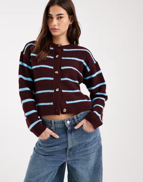 エイソス レディース アウター カーディガン ニット ASOS DESIGN knit brushed cardigan in plum and Aqua blue ブルー