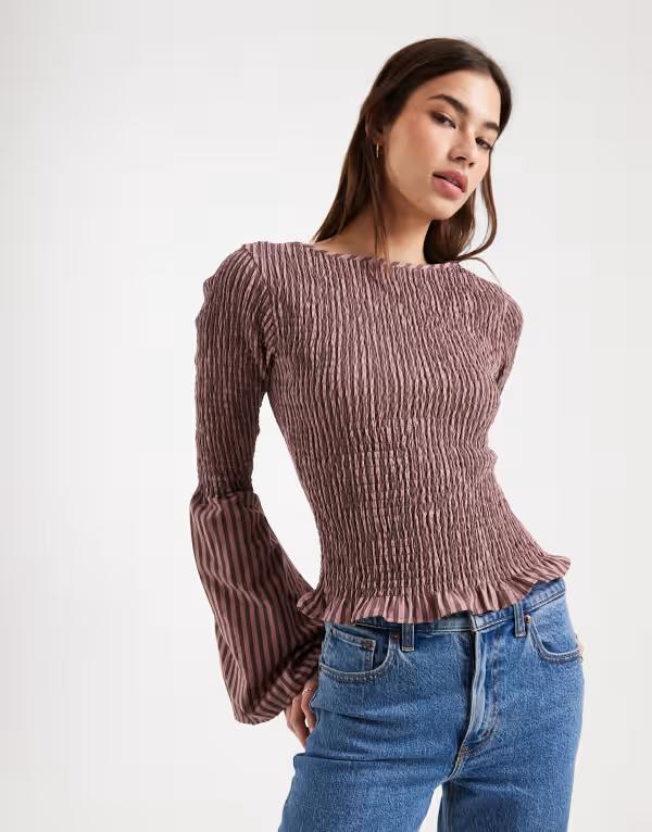 エイソス レディース トップス シャツ ブラウス ASOS DESIGN shirred blouse in stripe Pink Stripe ピンク