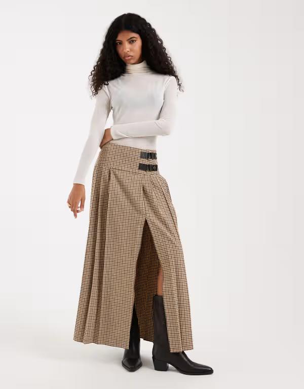 エイソス レディース ボトムスカート プリーツ マキシ ASOS DESIGN pleated maxi skirt in micro plaid Micro check チェック
