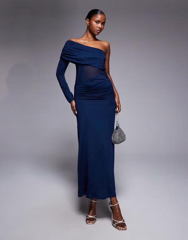 エイソス レディース トップス ワンピース メッシュ マキシ ASOS DESIGN one sleeve bardot maxi dress wirth mesh panel Navy ネイビー｜ReVida 店