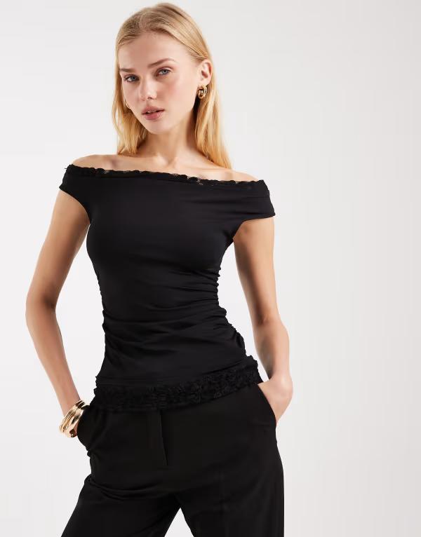 エイソス レディース トップス シャツ アシンメトリー レーストリム レース ASOS DESIGN asymmetric sleeve lace trim detailing top Black ブラック