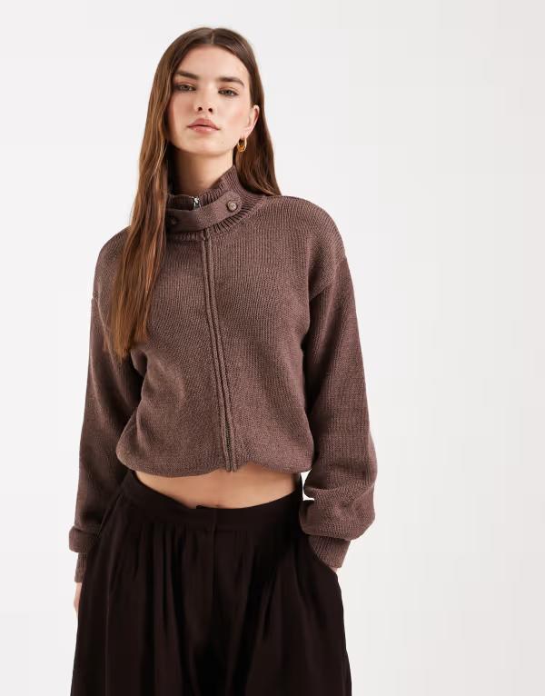 エイソス レディース アウター カーディガン スタンドネック ニット ASOS DESIGN knit funnel neck zip up cardigan Brown ブラウン