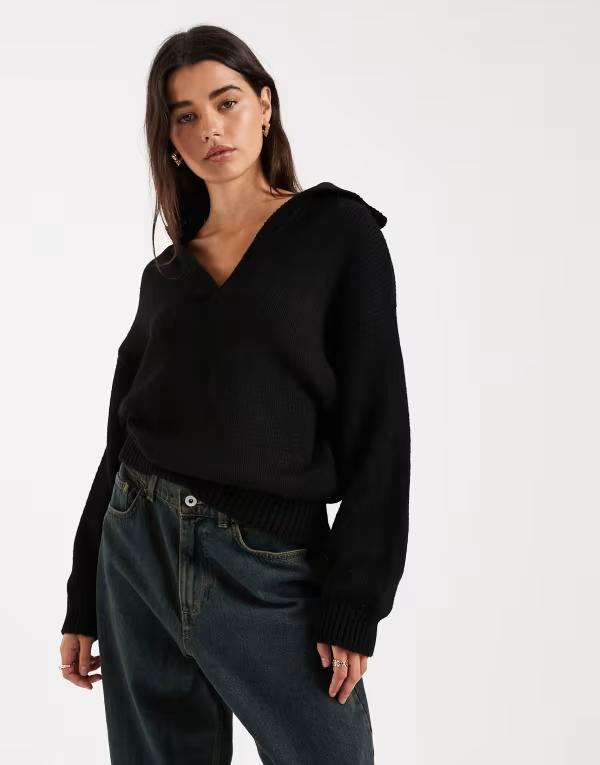 エイソス レディース アウター ニット・セーター ポロシャツ ASOS DESIGN knit polo top Black ブラック