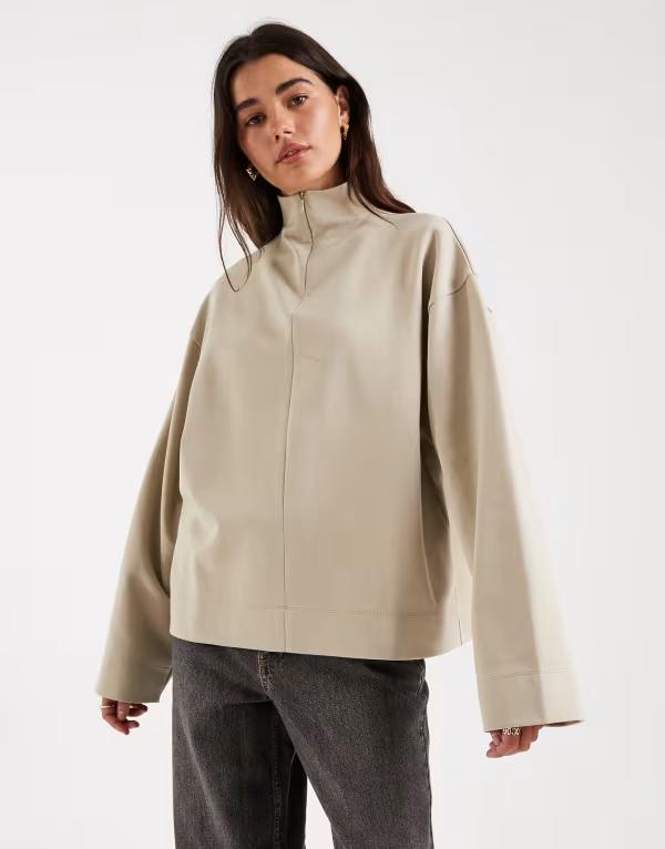 エイソス レディース トップス プルオーバー ハイネック ASOS DESIGN high neck long sleeve with zip top BEIGE ベージュ