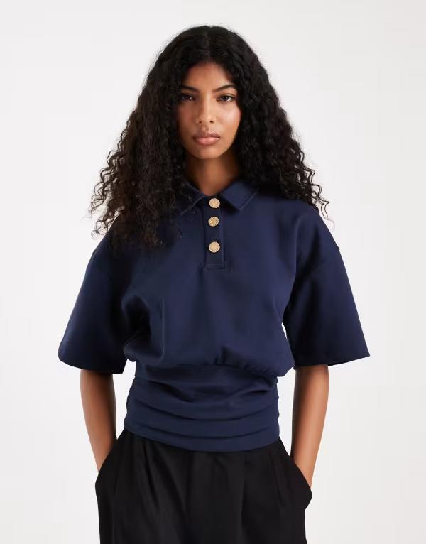 エイソス レディース トップス Tシャツ ASOS DESIGN short sleeve collared with gold buttons top NAVY ネイビー