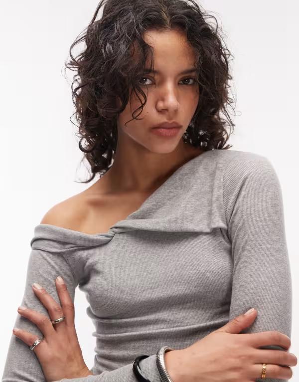 エイソス レディース トップス Tシャツ ASOS DESIGN fallen shoulder long sleeve top Gray グレー