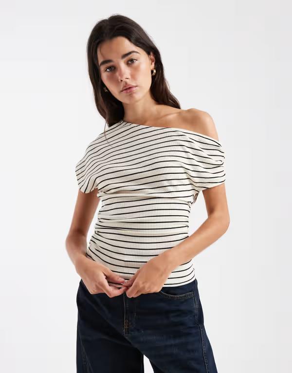 エイソス レディース トップス プルオーバー ASOS DESIGN fallen shoulder with gathered waistop インチ stripe 縞模様