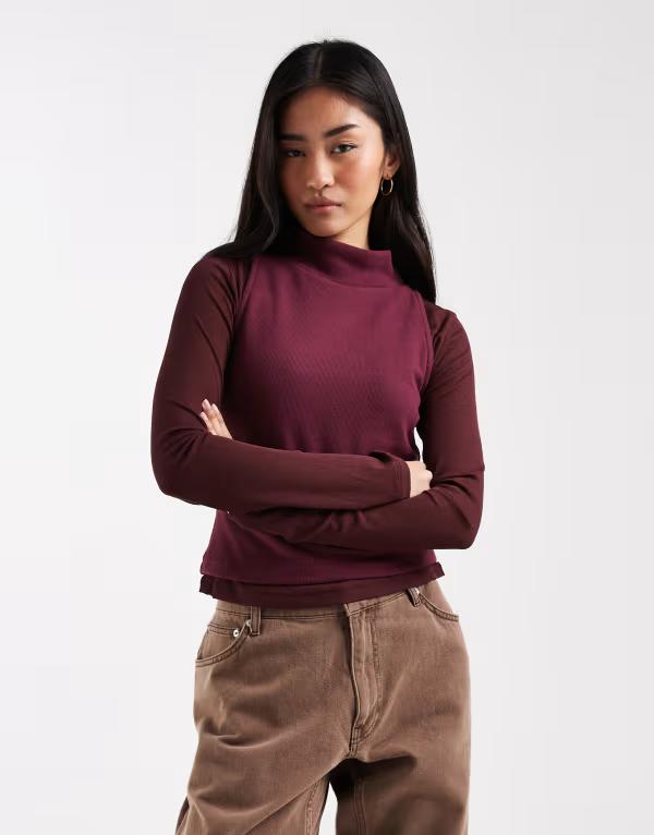 エイソス レディース トップス プルオーバー 照明ランプのど首 ASOS DESIGN super soft double layer funnel neck long sleeve top インチ plum 酸桃