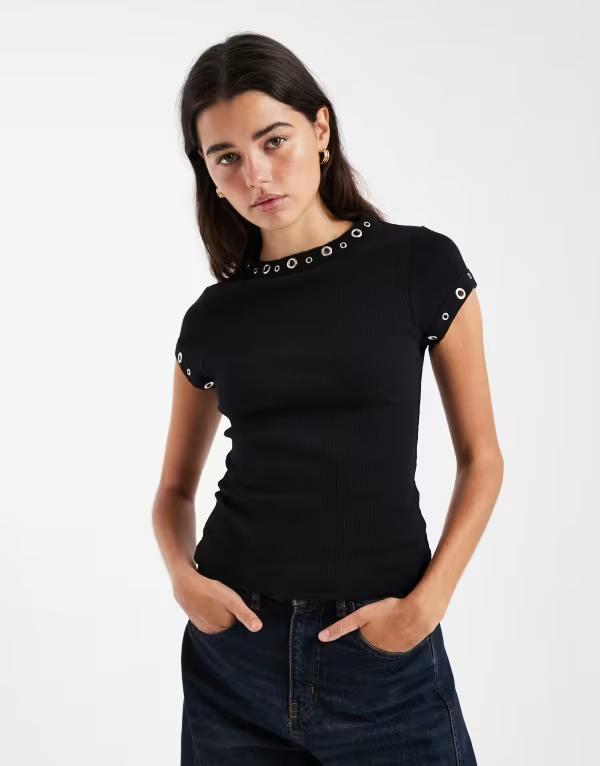 エイソス レディース トップス プルオーバー ASOS DESIGN short sleeve with studetail top Black 黒いこと