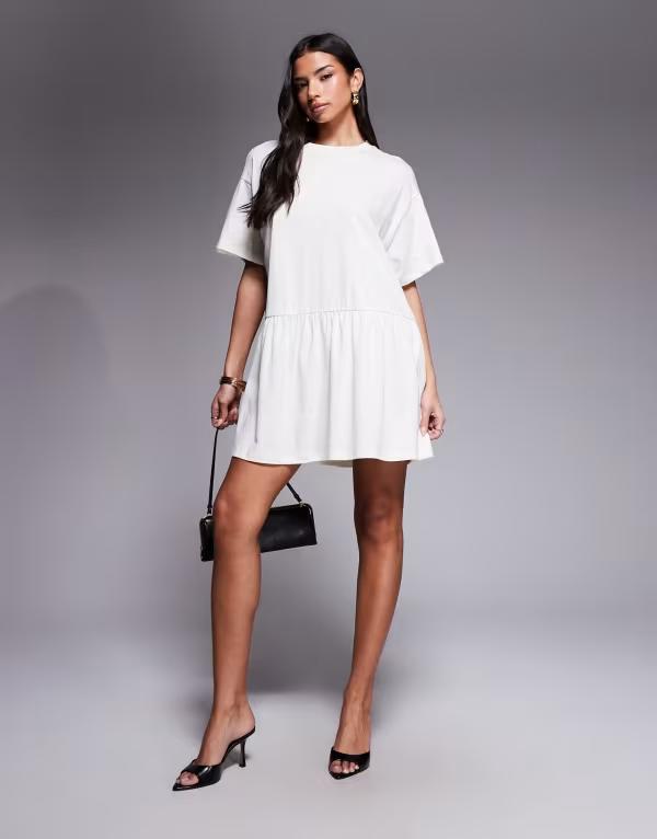 エイソス レディース トップス ワンピース ミニ Tシャツ ASOS DESIGN short sleeve dropped waist peplum T-shirt mini dress in cream クリーム