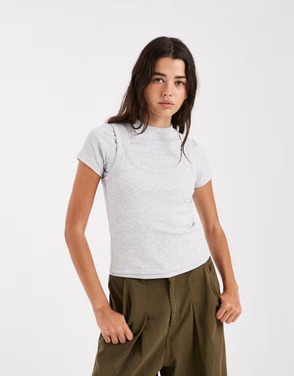 エイソス レディース トップス プルオーバー ASOS DESIGN double layer short sleeve top Gray 薄墨色