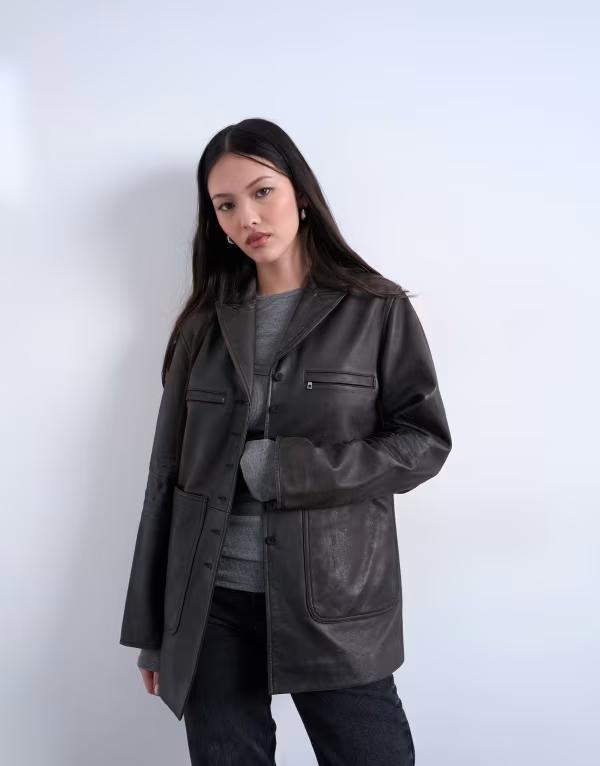 トップショップ レディース アウター コート ブレザー Topshopremium realeather blazer with patch pockets in washed Black ブラック｜ReVida 店