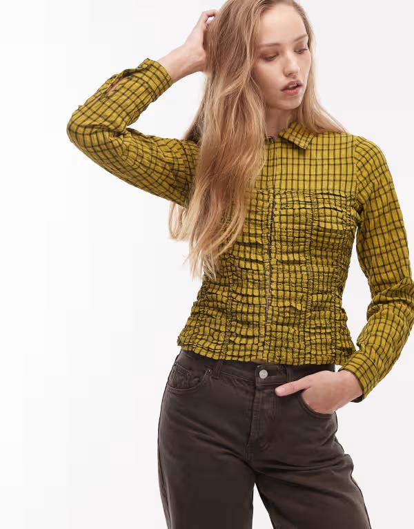 コルージョン レディース トップス シャツ COLLUSION shirred fitted shirt plaid GREEN グリーン