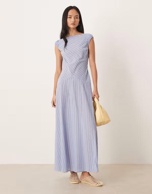 エイソス レディース トップス ワンピース ギャザー ミディ キャップ ASOS DESIGN dropped waist midi dress with ruched cap sleevestripe Blue Stripe ブルー