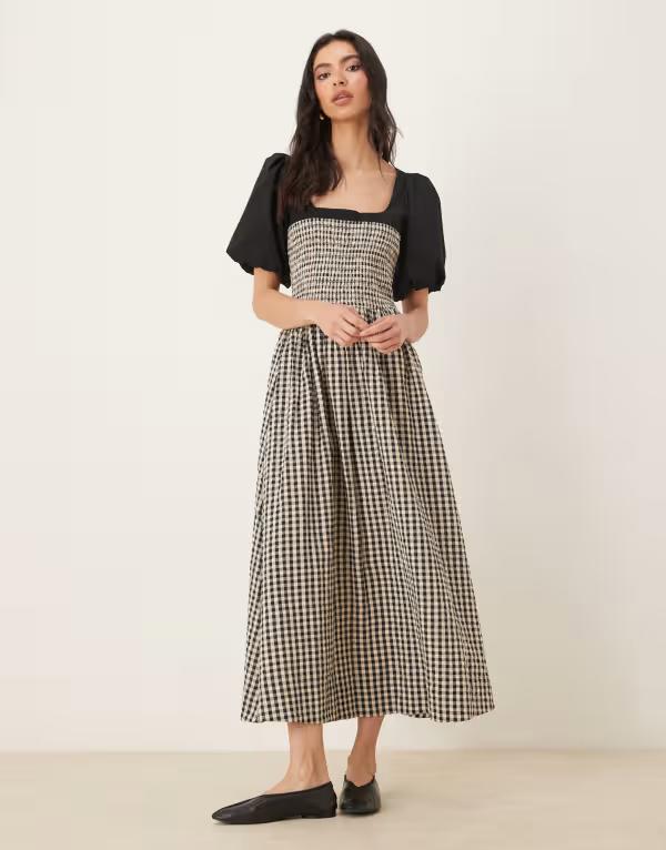 エイソス レディース トップス ワンピース ギンガムチェック ギンガム ASOS DESIGN shirred bodice midaxi dress with puff sleeves and white ginghamono gingham ホワイト