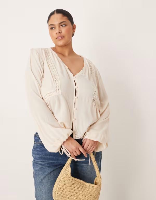エイソス レディース トップス シャツ ブラウス レース ASOS Curve ASOS DESIGN Curve textured long sleeve lace insert blouse in stone ストーン