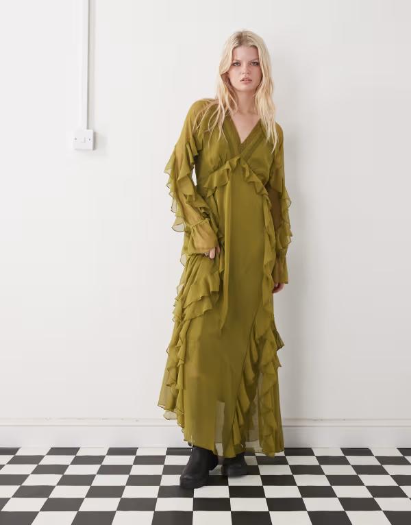 リクレイム ヴィンテージ レディース トップス ワンピース シフォン フリル マキシ Reclaimed Vintage ruffled maxi day dress chiffon GREEN グリーン｜ReVida 店