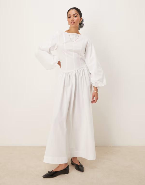 エイソス レディース トップス ワンピース アシンメトリー マキシ ASOS DESIGN poplin maxi dress with asymmetric waist and volume sleeve White ホワイト