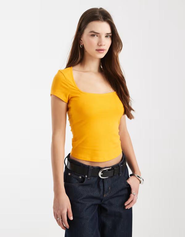 エイソス レディース トップス シャツ コットン キャップ ASOS DESIGN cotton blend square neck cap sleeve top in orange オレンジ