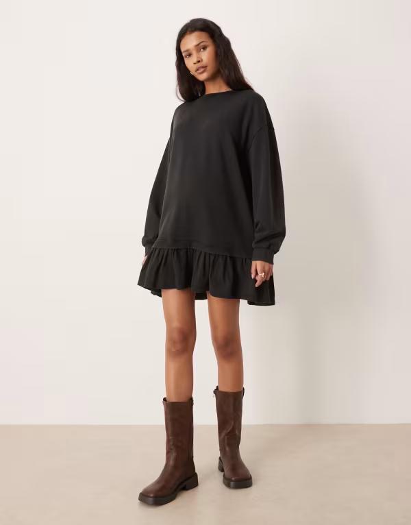 エイソス レディース トップス ワンピース ミニ ASOS DESIGN sweats dress with woven hemini dress in charcoal チャコール｜ReVida 店