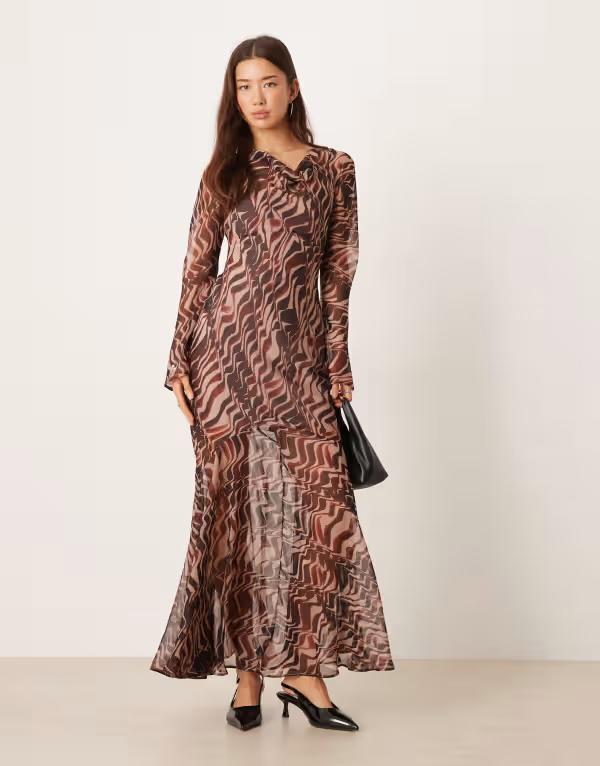 エイソス レディース トップス 衣装 刷り上げる マキシ ASOS DESIGN cowl back maxi dress abstract print BROWN 赤銅色