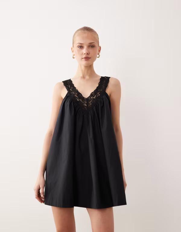 エイソス レディース トップス ワンピース Vネック ミニ オーバーレイ レース ASOS DESIGN v neck smock poplin mini sundress with lace overlay Black ブラック