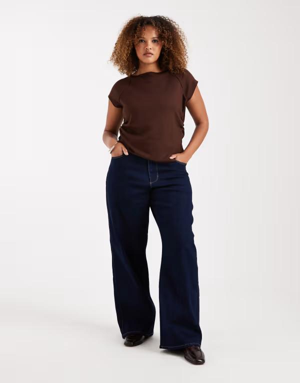 オンリーカーブ レディース ボトムス デニムパンツ ワイドレッグ ハイウエスト ジーンズ ONLY Curve Snow high waist wide leg jeans in dark blue ブルー