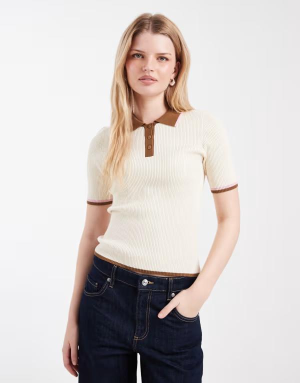 オンリー レディース トップス ポロシャツ ニット ONLY contract collar knit polo shirt in cream BIRCH クリーム｜ReVida 店 13,075円