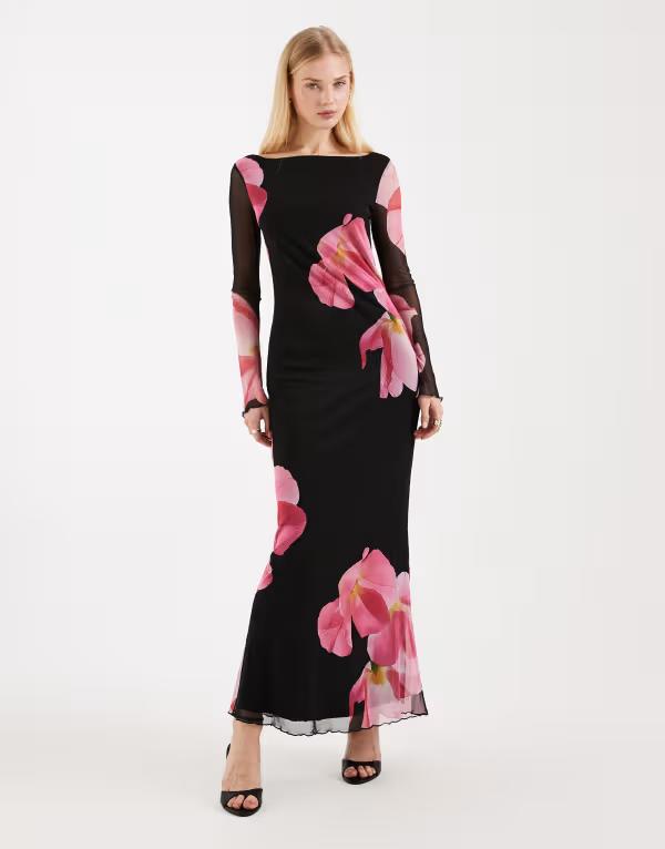 ヴェロモーダ レディース トップス ワンピース フラワー柄 メッシュ マキシ フラワー Vero Moda long sleeve mesh maxi dress with overblown floral Black/Floral ブラック