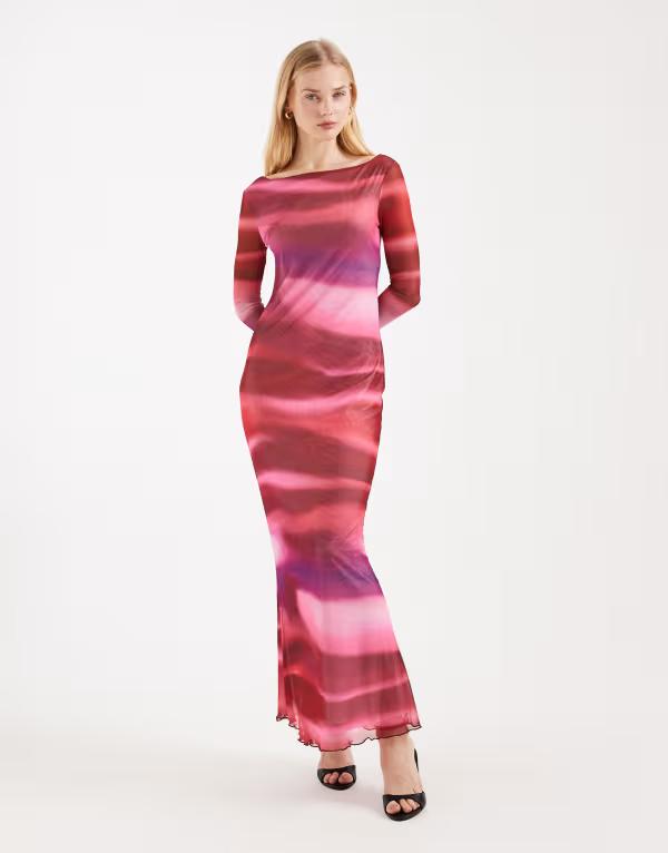 ヴェロモーダ レディース トップス 衣装 刷り上げる メッシュ マキシ Vero Moda long sleeve mesh maxi dress abstract print Pink Abstract サクラ色