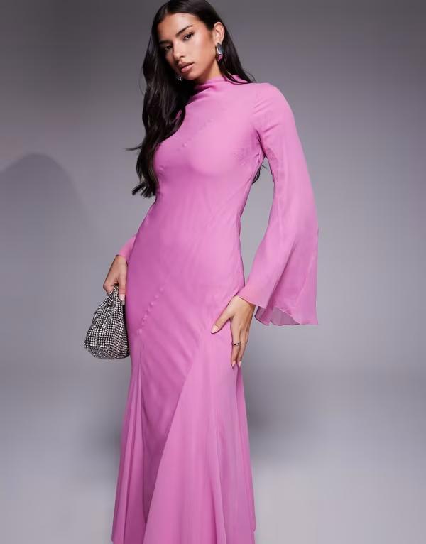 エイソス レディース トップス ワンピース マキシ ASOS DESIGN long sleeve layered godet bias cut maxi dress pink ピンク