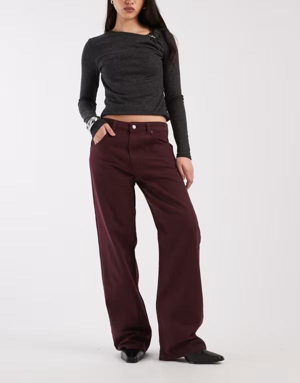 エイソス レディース ボトムス デニムパンツ ローライズ ジーンズ ASOS DESIGN low rise baggy jeans Burgundy バーガンディ