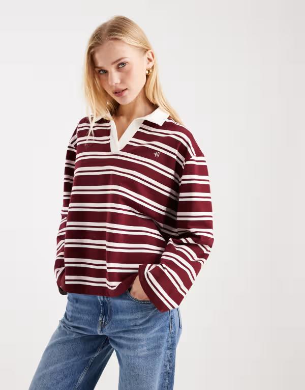 フォース&レックレス レディース トップス シャツ コットン 刺繍 ロゴ 4th & Reckless exclusive cotton rich collared long sleevembroidered logo rugby top and pink stripe Multi マルチカラー 15,680円