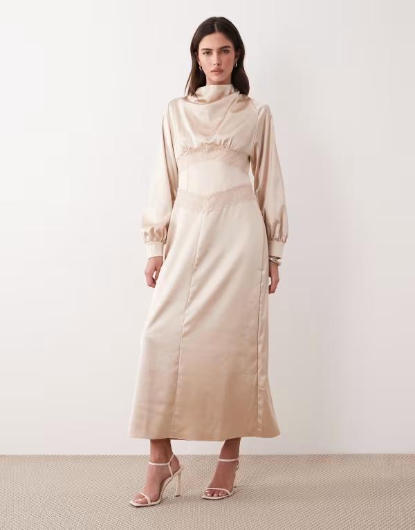 エイソス レディース トップス 衣装 ハイネック 繻子 スピード競技 マキシ ASOS DESIGN satin high neck lace detail maxi dress インチ champagne 三鞭酒 レディースファッション-ワンピース