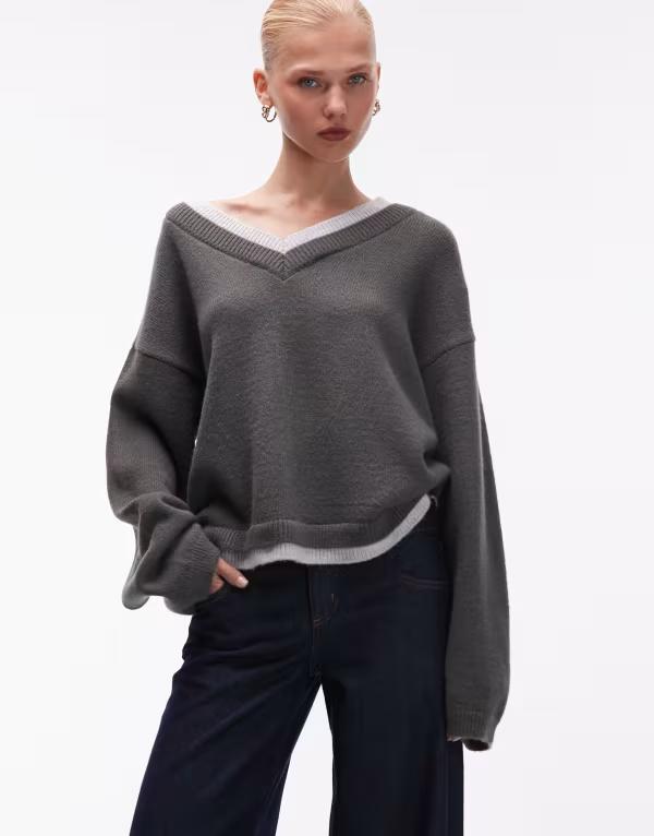エイソス レディース アウター 編み物・プルオーバー Vのど首 ASOS DESIGN knit V-neck sweater with double layer インチ charcoal 暗灰色 セーター-ニット・セーター-トップス