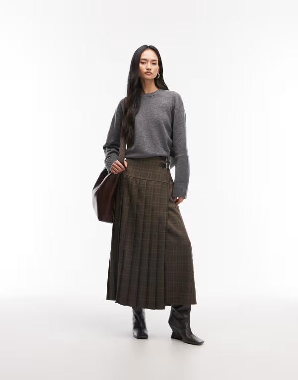 エイソス レディース 下つ方スコート 筋目 midi ASOS DESIGN buckle detail pleated kilt MIDI skirt check Brown 赤銅色