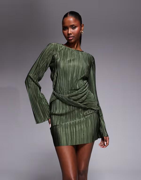 エイソス レディース トップス ワンピース ミニ ASOS DESIGN pliss wrap front mini dress Khaki カーキ