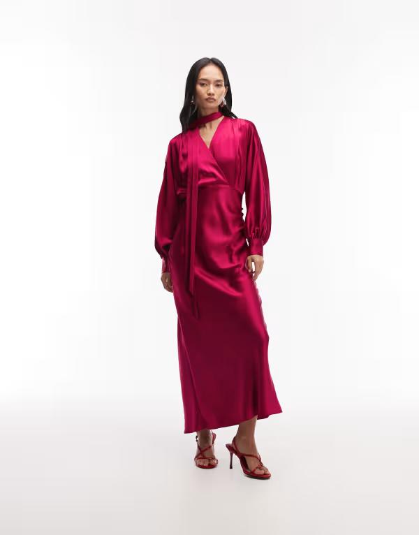 アンドアザーストーリーズ レディース トップス ワンピース サテン マキシ & Other Storiesatin maxi dress with volume sleeves andetachable scarf in raspberry